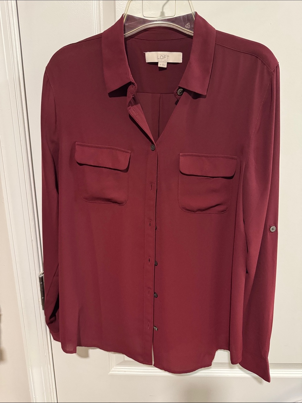 LOFT Women's Burgundy Button-Front Utility Shirt, medium